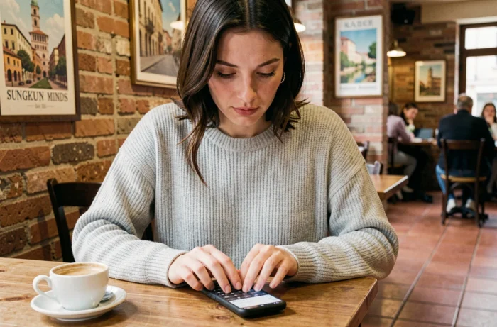 Femme composant le code téléphonique international +39 de l'Italie sur son smartphone dans un café au style italien