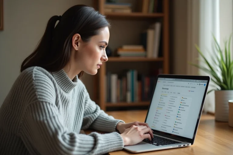 Femme consultant un plan de site web sur un ordinateur portable dans un bureau à domicile