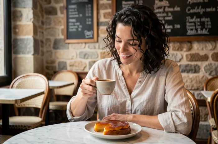 Femme dégustant une tarte tatin avec un espresso dans un café français aux murs en pierre apparente