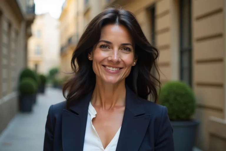 Portrait élégant d'une femme brune en blazer marine dans une cour parisienne, style éditorial