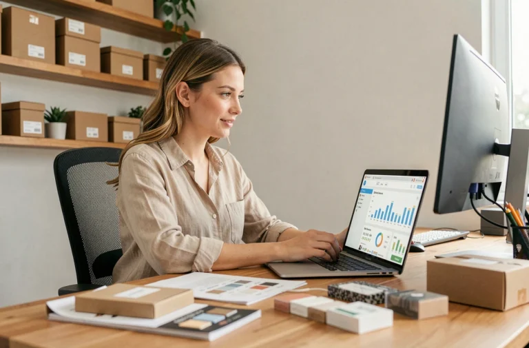 Femme entrepreneurе analysant les tendances e-commerce sur un tableau de bord analytique dans un bureau moderne