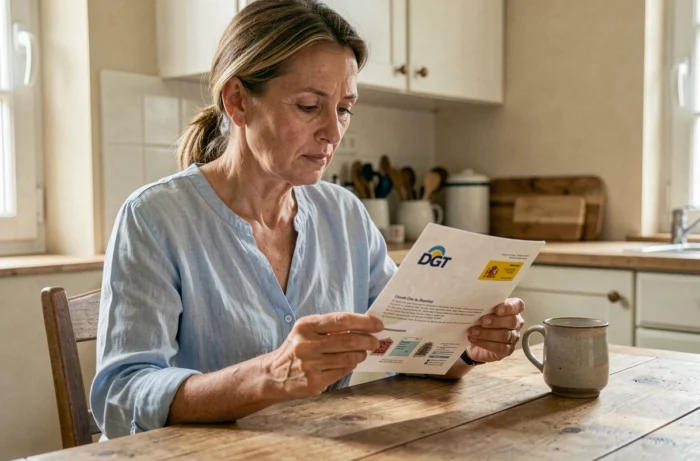 Femme examinant un courrier officiel de l'amende DGT espagnole à son domicile en France