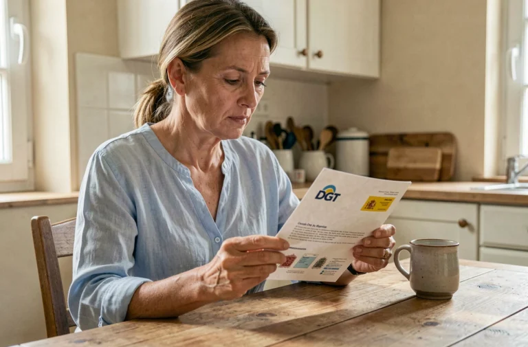 Femme examinant un courrier officiel de l'amende DGT espagnole à son domicile en France