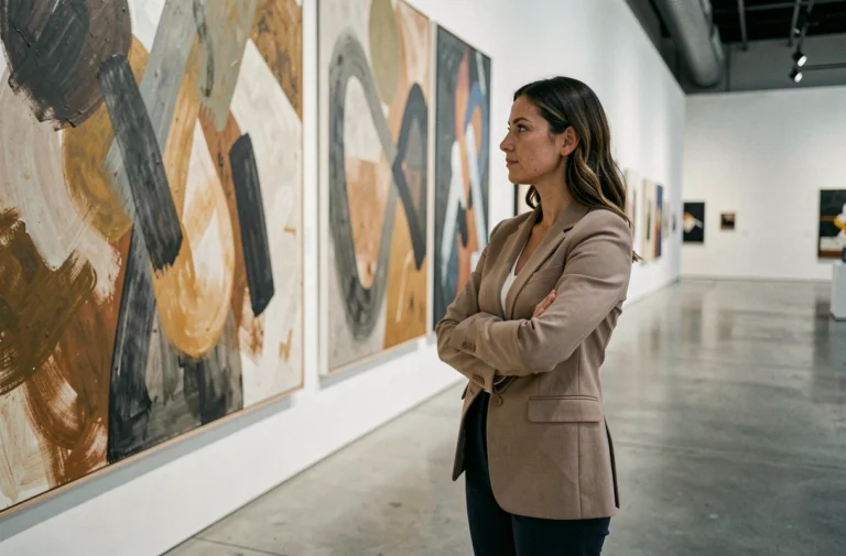 Femme explorant une exposition d'art contemporain dans une galerie moderne aux murs blancs