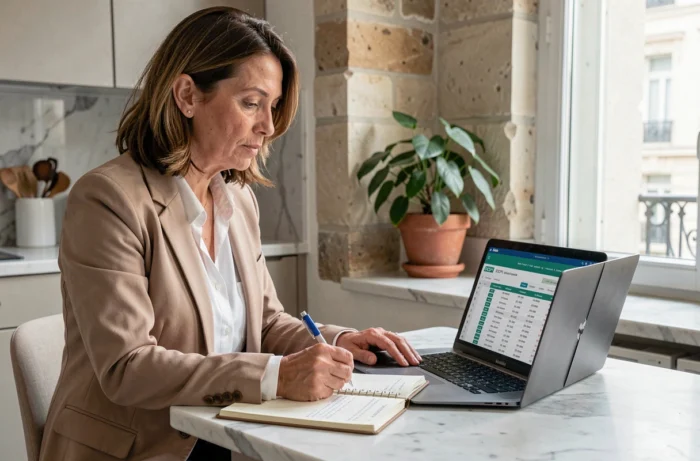 Femme investisseuse comparant les frais de SCPI sur ordinateur portable dans un appartement parisien