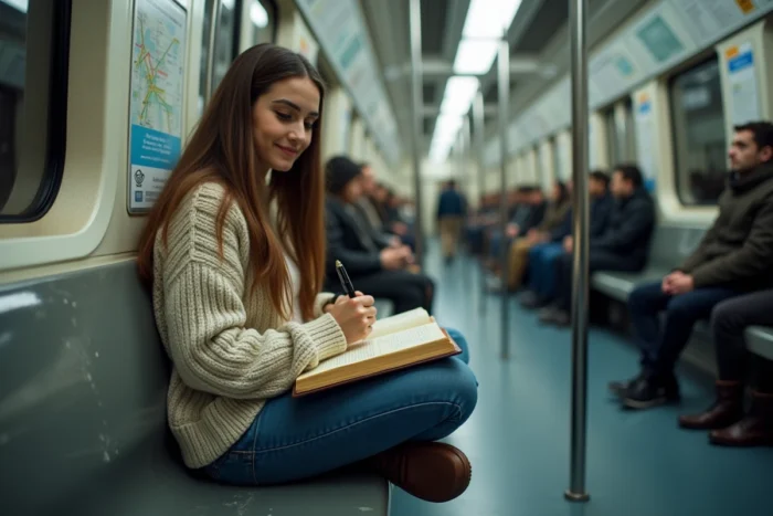 Jeune femme écrivant dans son journal intime dans le métro, capturant des instants inspirants du quotidien urbain
