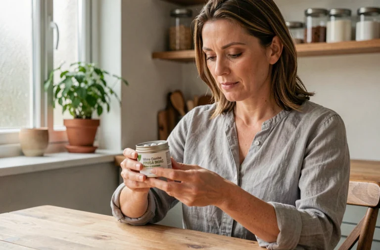 Femme lisant attentivement l'étiquette d'une boîte de pastilles Vichy à la menthe pour connaître les effets indésirables et les précautions d'emploi