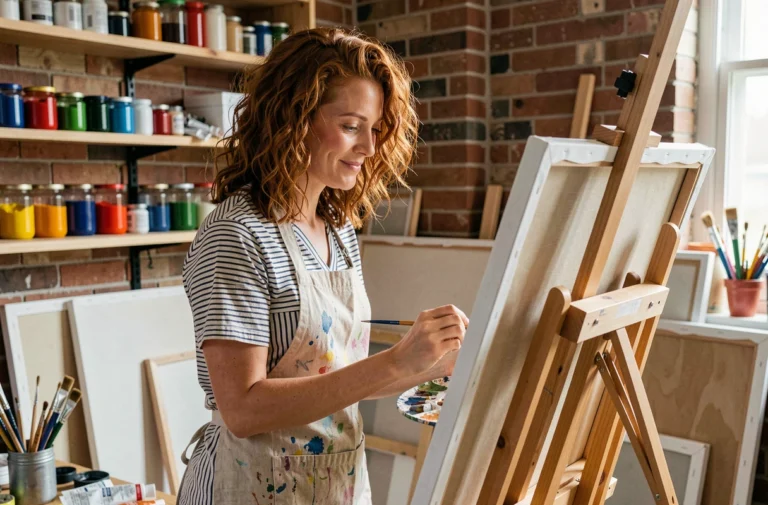 Femme peignant sur une toile dans un atelier artistique créatif et chaleureux