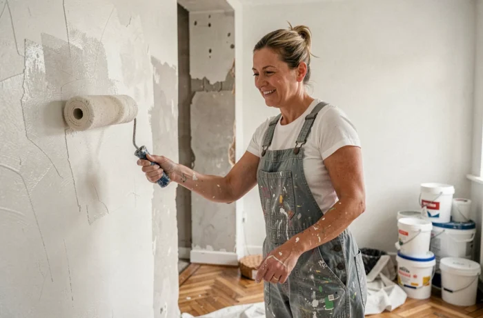 Femme en train de peindre un mur en rénovation avec un rouleau, sol en parquet protégé par une bâche
