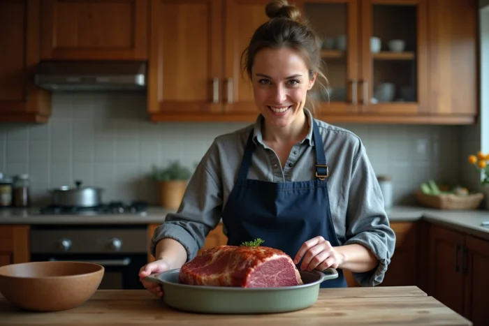 Femme plaçant un rosbif dans un plat allant au four avec du bouillon pour le réchauffer sans le dessécher