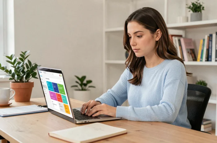 Jeune femme utilisant une plateforme de services en ligne sur son ordinateur portable dans un bureau moderne