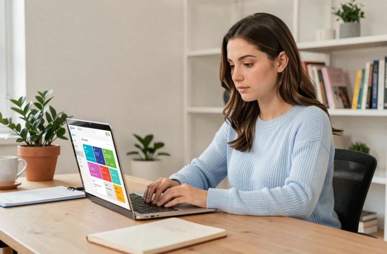 Jeune femme utilisant une plateforme de services en ligne sur son ordinateur portable dans un bureau moderne