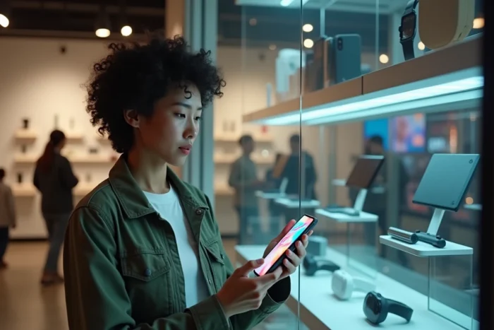 Femme interagissant avec un smartphone pliable dans un magasin de technologie contemporain, innovations numériques 2024
