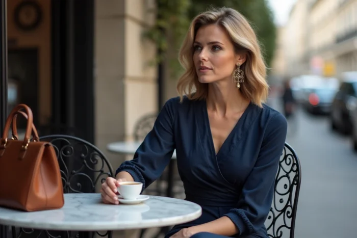 Femme sophistiquée en robe marine assise à la terrasse d'un café parisien, évoquant le style et les goûts vestimentaires d'Anne-Elisabeth Lemoine