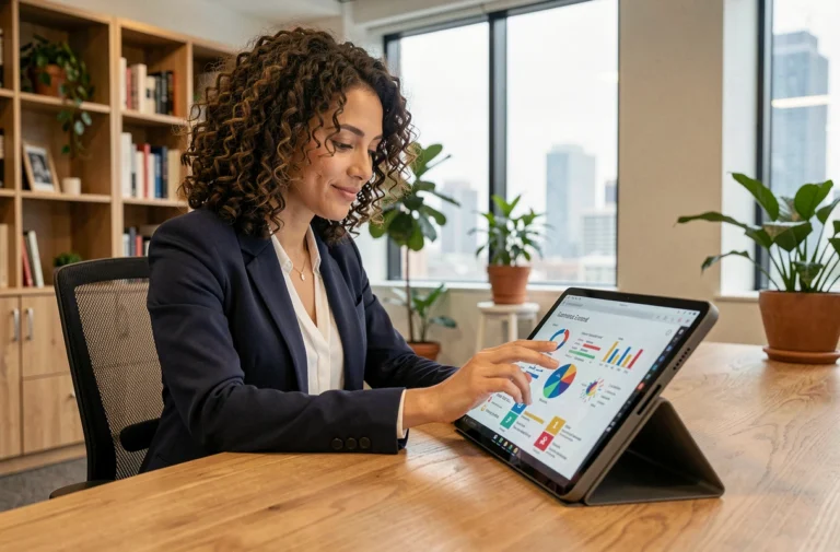 Femme professionnelle utilisant une tablette tactile avec des ressources éducatives numériques dans un bureau moderne