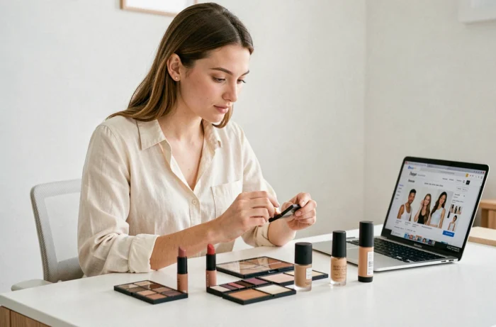 Jeune femme évaluant des produits de maquillage pas cher sur un bureau blanc moderne avec un ordinateur portable ouvert