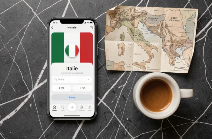 Vue de dessus d'un smartphone affichant le code international +39 de l'Italie posé sur du marbre avec une carte de l'Italie
