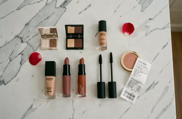 Flat lay de produits de maquillage abordables commandés en ligne sur un fond en marbre clair
