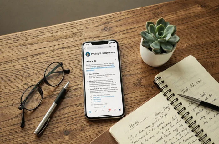 Vue de dessus d'un bureau avec smartphone affichant des mentions légales, carnet de notes manuscrites et lunettes de lecture