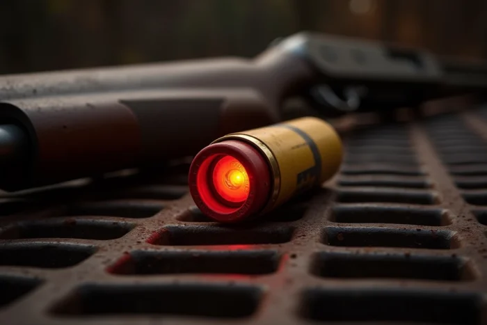 Fusil à pompe chargé avec une cartouche Dragon's Breath, casing rouge visible à la fenêtre d'éjection sur grille métallique industrielle