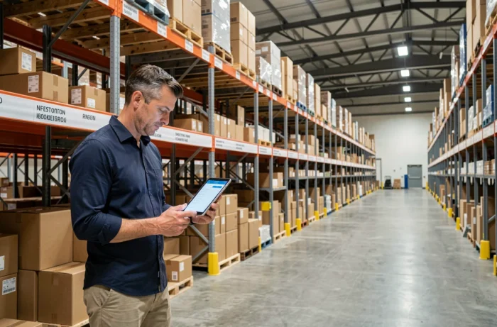 Warehouse stock manager in e-commerce consulting a tablet to optimize online logistics
