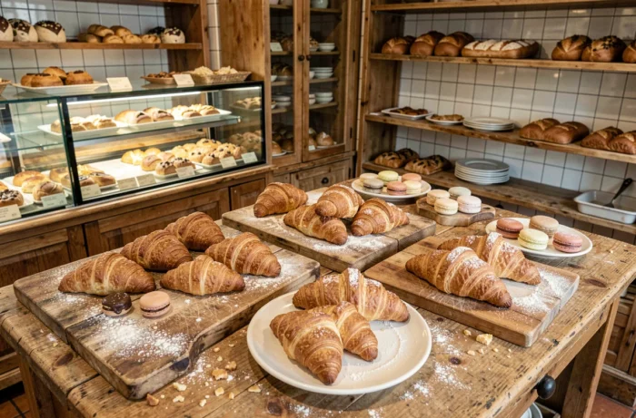 Assortiment de viennoiseries et macarons français disposés sur des planches en bois rustique dans une boulangerie parisienne traditionnelle