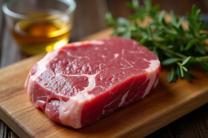 Gros plan sur une langue de bœuf crue posée sur une planche en bois avec un ramequin de vinaigre blanc et du thym frais, préparation culinaire traditionnelle