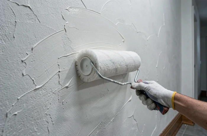 Gros plan sur des traces de rouleau sur un mur et application d'une couche correctrice de peinture