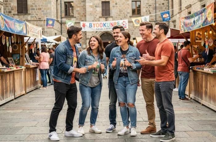 Groupe de jeunes adultes animés lors d'un festival culturel en plein air dans une place publique