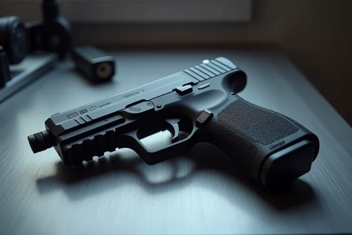 Pistolet semi-automatique Heckler & Koch P30L avec profil long-slide et commandes ambidextres sur surface aluminium brossé