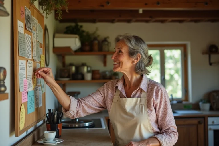 Femme d'âge mûr arrangeant des notes manuscrites sur un mur de cuisine rustique, évoquant les histoires du quotidien