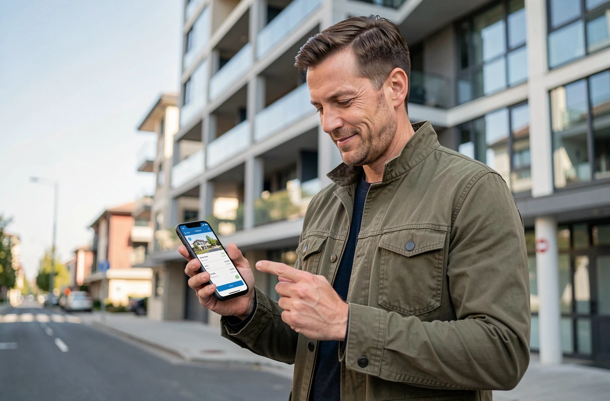 Homme consultant une application de simulation de crédit immobilier devant un immeuble résidentiel