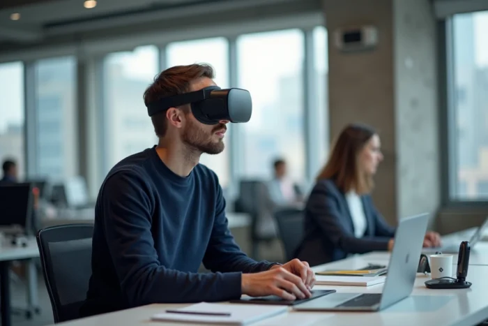 Homme en pull marine tenant un casque de réalité augmentée dans un bureau moderne avec vue urbaine, tendances tech 2024
