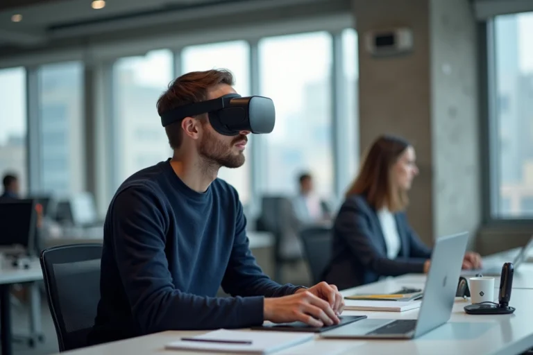 Homme en pull marine tenant un casque de réalité augmentée dans un bureau moderne avec vue urbaine, tendances tech 2024
