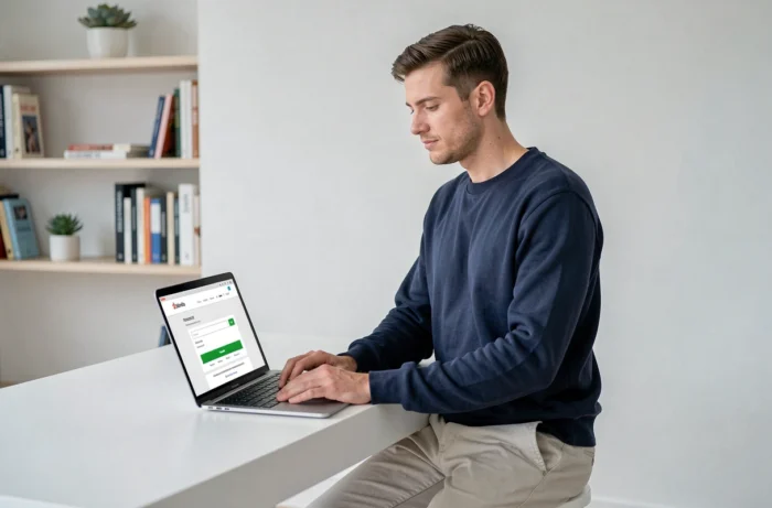 Homme saisissant un code promo Zalando sur son ordinateur portable au bureau