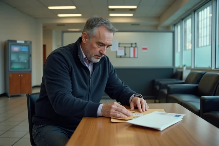 Homme consultant son courrier reçu en poste restante assis dans l'espace d'attente d'un bureau de poste