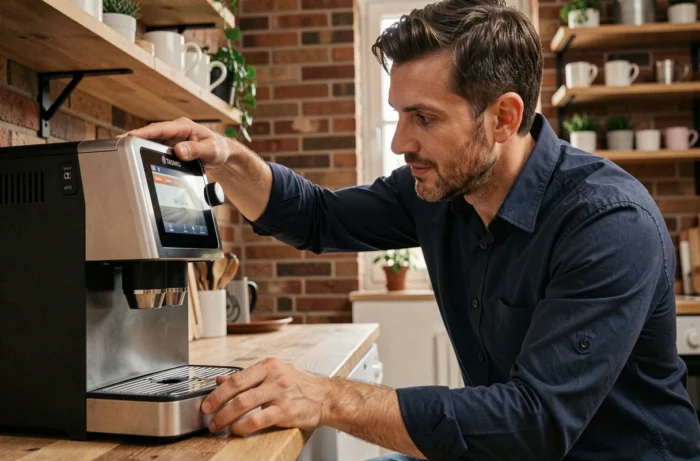 Homme surveillant le cycle de détartrage de sa machine Tassimo à domicile