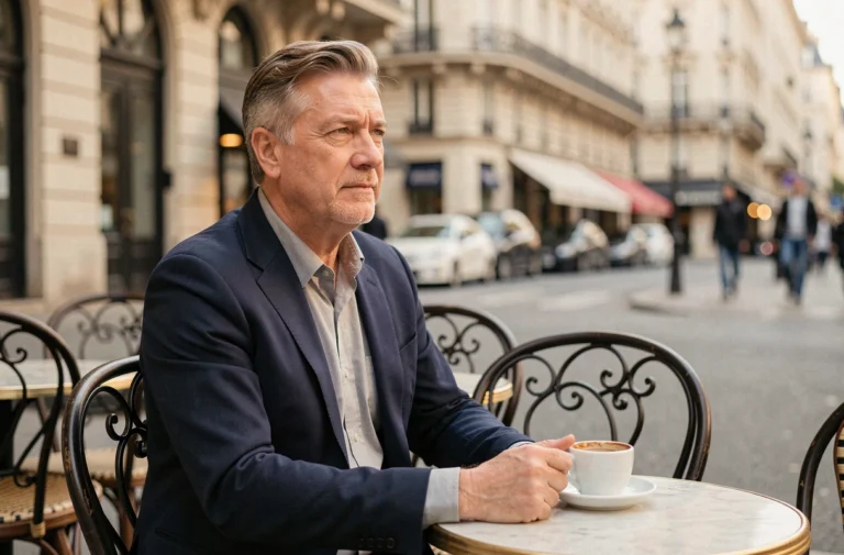 Homme élégant d'une cinquantaine d'années assis seul à une terrasse de café parisien, regard pensif et expression discrète