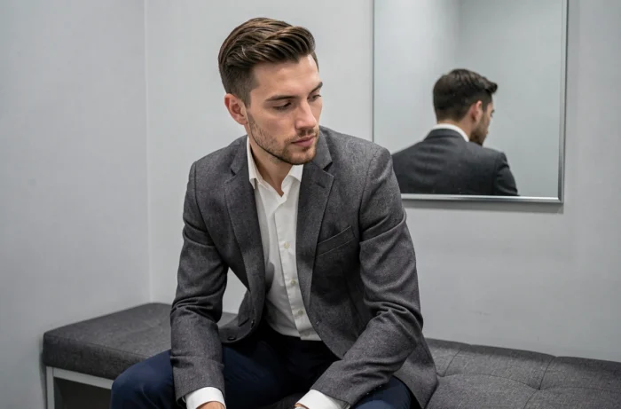 Homme en cabine d'essayage ajustant une veste de costume taille 42 devant un miroir dans une boutique de mode masculine