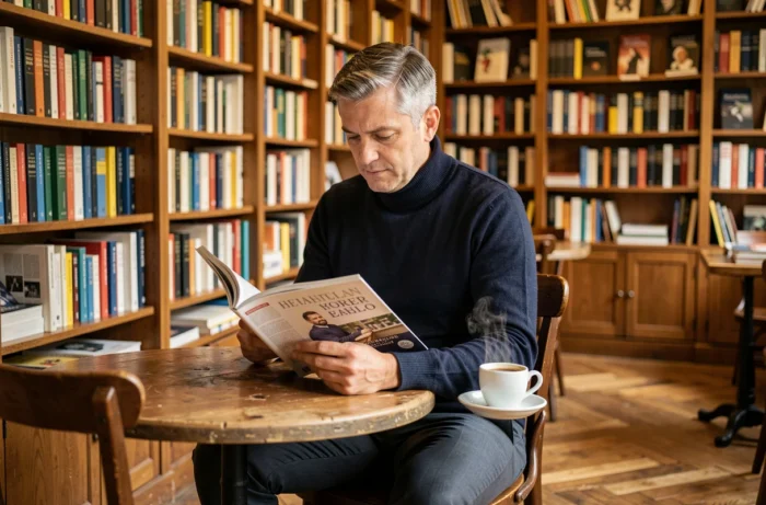 Homme lisant un magazine culturel dans une librairie-café indépendante et chaleureuse