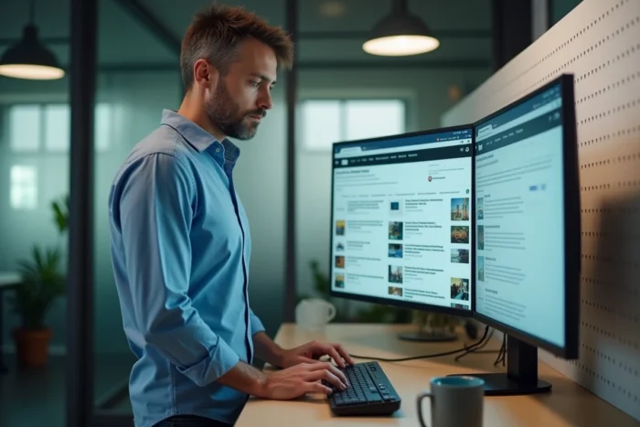 Homme naviguant sur le plan de site d'un journal en ligne depuis un bureau debout en open space