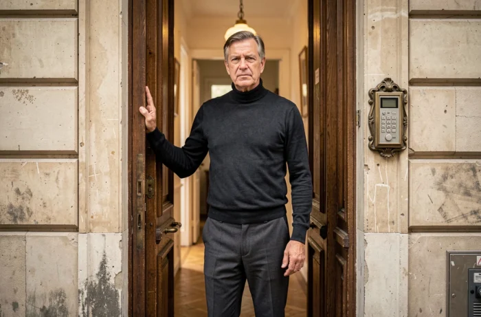 Homme élégant dans l'embrasure d'une porte d'immeuble parisien haussmannien, expression sereine évoquant la vie privée et la discrétion