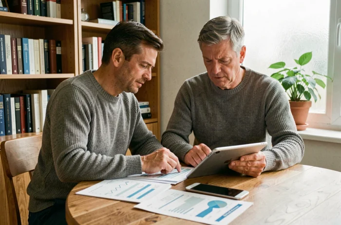 Homme consultant son portefeuille d'investissement sur une tablette à la maison avec des documents financiers sur la table