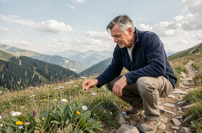 Man hiking observing a wildflower in an alpine mountain landscape