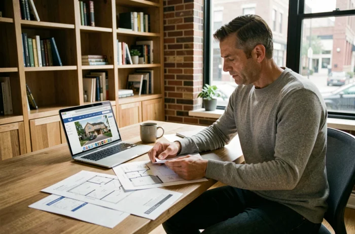 Homme étudiant des annonces immobilières et des plans de logement dans un bureau moderne à domicile