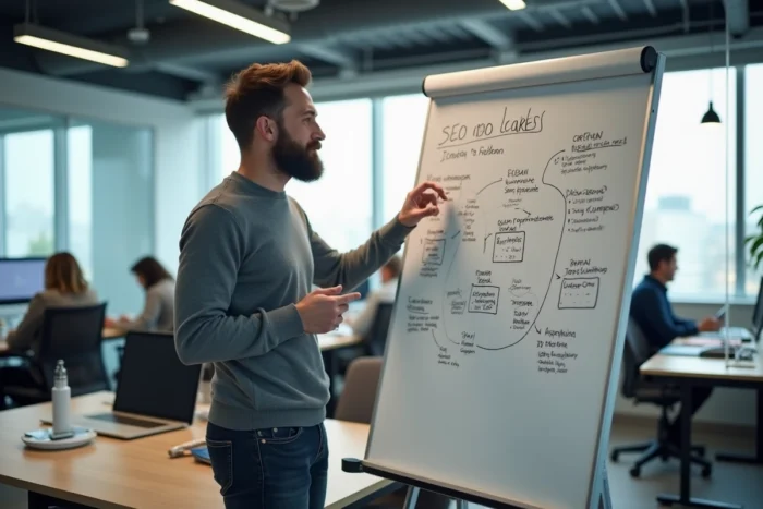 Homme debout devant un tableau blanc expliquant une structure de liens pour une stratégie SEO de netlinking