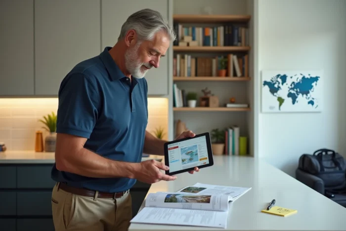 Homme consultant le portail avantages CE CCUES Société Générale sur tablette pour organiser ses vacances
