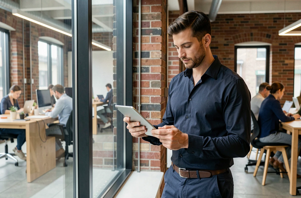 Homme consultant un site de services numériques sur une tablette dans un espace de coworking