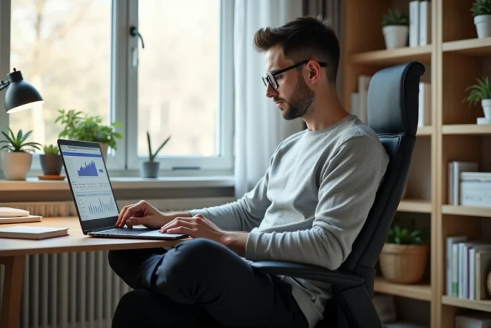 Jeune homme en télétravail consultant un rapport de performance de campagne marketing digital sur son ordinateur portable