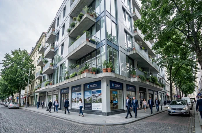 Immeuble d'appartements contemporain en centre-ville avec vitrine d'agence immobilière et passants dans une rue européenne
